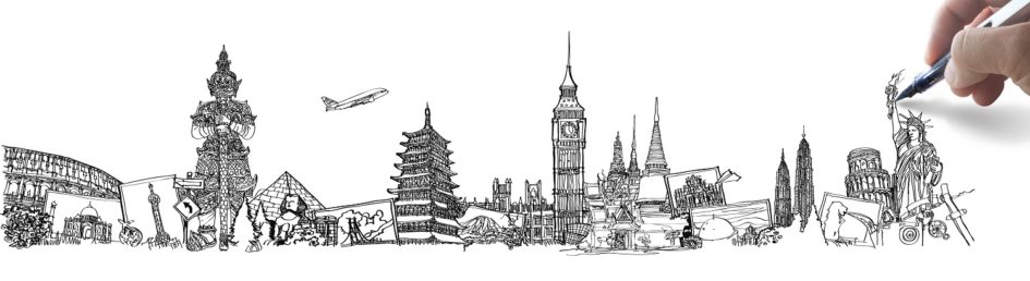 zdjęcie ilustracyjne, na białym tle szkice budynków i przedmiotów, które są symbolami krajów i miast, jak np. statua wolności, wieża eiflla czy meczet
