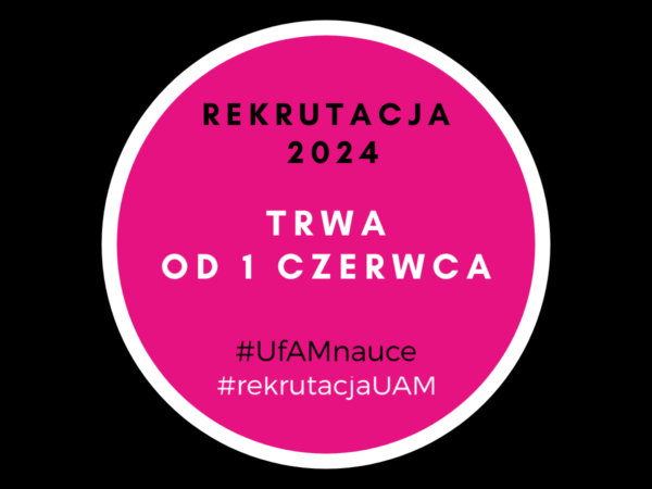 Grafika informująca o rozpoczęciu rekrutacji 1 czerwca. Białe i czarna napisy na różowym tle.