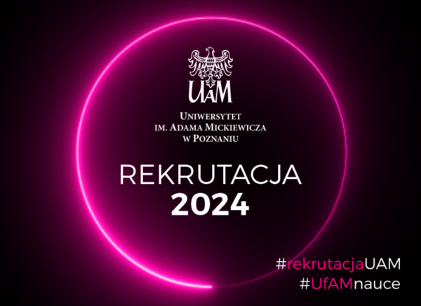 Biały logotyp UAM na czarnym tle. Pod spodem napis "REKRUTACJA 2024. #rekrutacjaUAM #UfAMnauce"