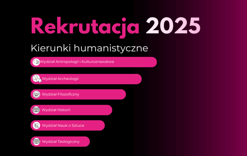 Grafika promująca rekrutację na rok 2025 na kierunki humanistyczne. Zawiera listę wydziałów: Wydział Antropologii i Kulturoznawstwa, Wydział Archeologii, Wydział Filozoficzny, Wydział Historii, Wydział Nauk o Sztuce oraz Wydział Teologiczny.